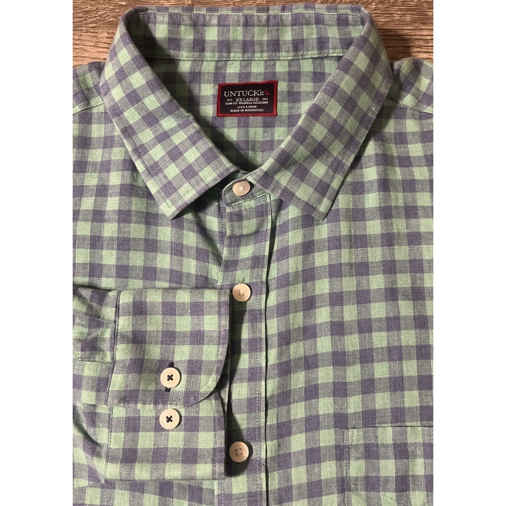 UnTuckit 100% Linen Button Up Green/Purple Checked Slim Fit Casual Shirt‎ Sz 2XL